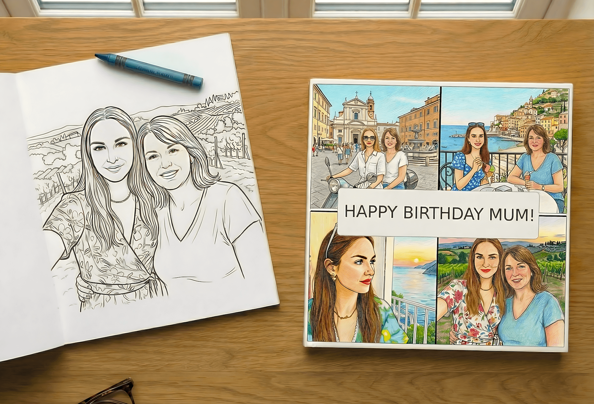 Example of custom colouring books and personalised coloring books showing transformed photos into beautiful colouring pages